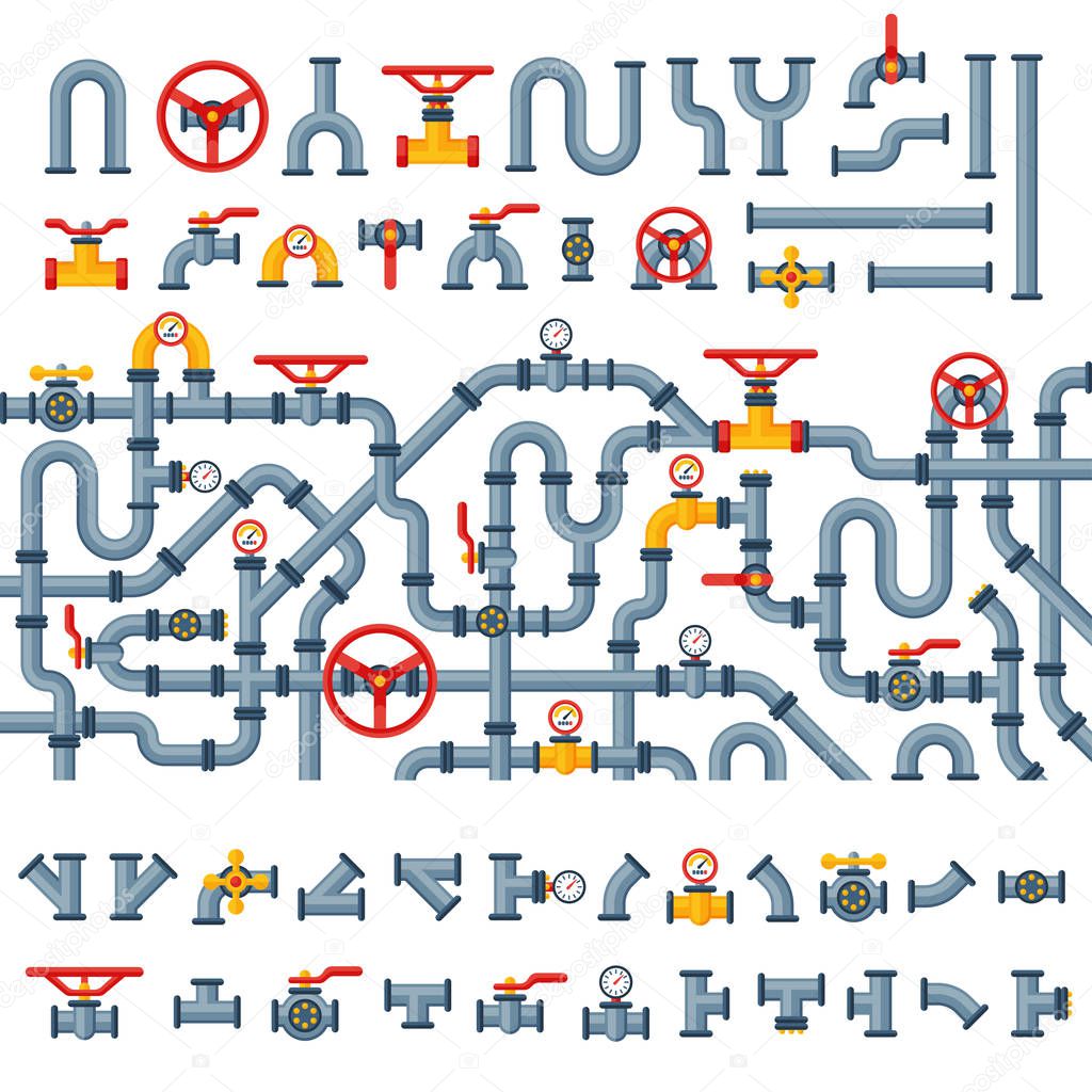 Details pipes different types collection of water tube industry gas valve construction and oil industrial pressure technology plumbing vector illustration.