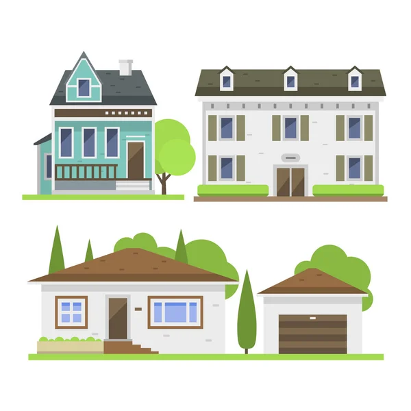 Leuke kleurrijke vlakke stijl huis dorp symbool vastgoed cottage en huisontwerp kleurrijke woongebouw bouw vector illustratie. — Stockvector
