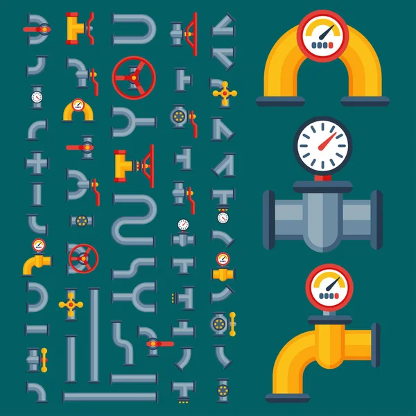 Detalles tuberías diferentes tipos de recogida de tubo de agua industria de gas construcción de válvulas y aceite tecnología de presión industrial plomería vector ilustración . — Vector de stock