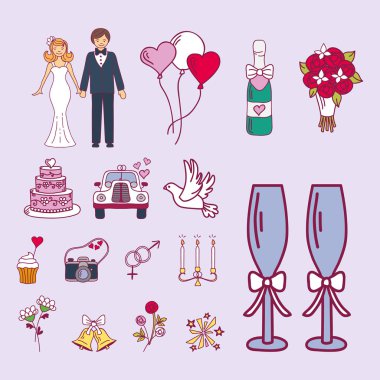 Gelin ve Damat Düğün çift evlilik evlilik kutsal kişilerin resmi tören kutlama ve holliday insanlar halk simgeler güzellik portre aile vektör çizim tasarım.