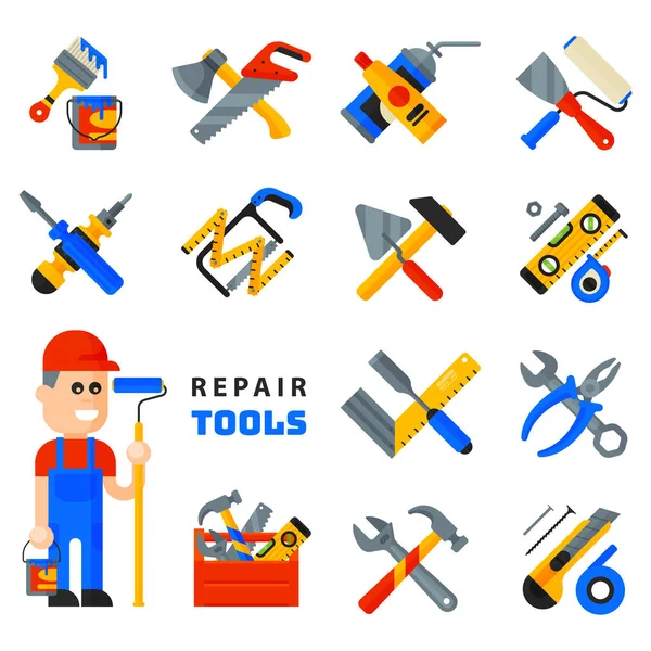 Inicio herramientas de reparación iconos de trabajo equipo de construcción conjunto y servicio trabajador macter hombre carácter estilo plano aislado en fondo blanco vector ilustración . — Vector de stock