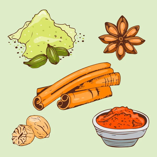 Koření koření ručně kreslenou styl potravin byliny prvky a semen složkou kuchyně poupat listy rostliny jídla zdravé bio zeleniny vektorové ilustrace. — Stockový vektor