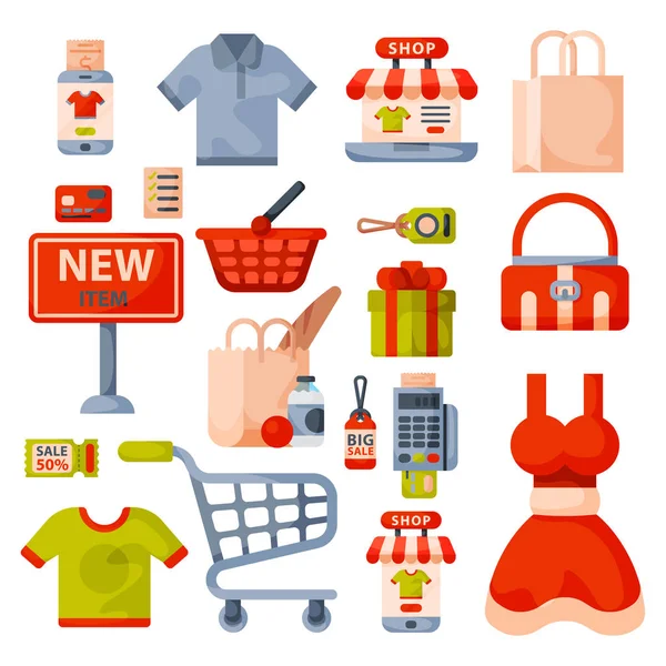 Supermercado supermercado compras retro desenhos animados ícones conjunto com clientes carrinhos cestas alimentos e comércio produtos ilustração vetorial isolado . — Vetor de Stock