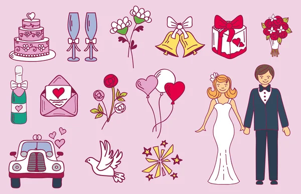 Bruid en bruidegom bruiloft paar huwelijk huwelijkse iconen ontwerp ceremonie viering en holliday mensen folk pictogrammen schoonheid portret familie vectorillustratie. — Stockvector