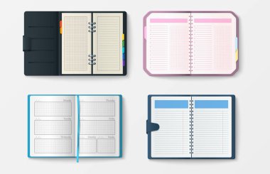 Açık gerçekçi defter sayfaları günlüğü office sayfa şablonu kitapçık ve boş kağıt eğitim boşaltmak Organizatör vektör çizim ile kümesi.