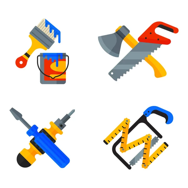 Inicio herramientas de reparación iconos de trabajo equipo de construcción conjunto y servicio trabajador macter box estilo plano aislado en fondo blanco vector ilustración . — Vector de stock