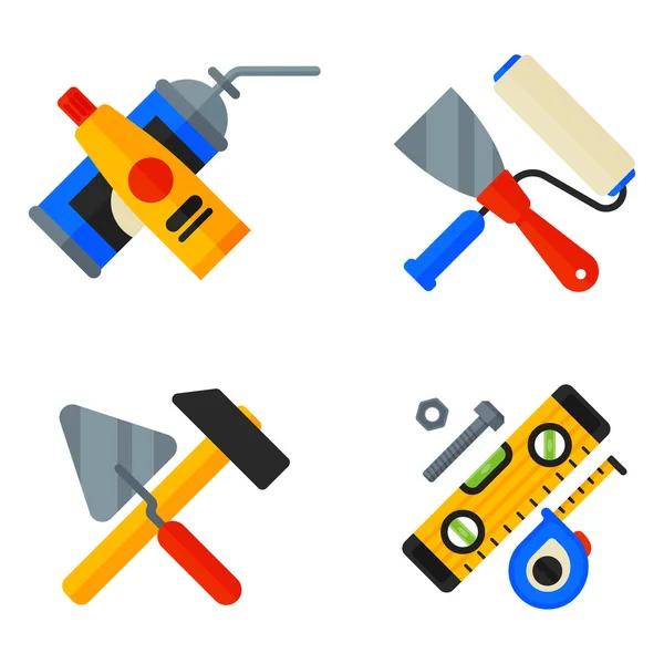 Home Repair Tools Symbole arbeiten Baumaschinen Set und Service-Arbeiter macter Box flachen Stil isoliert auf weißem Hintergrund Vektor Illustration. — Stockvektor