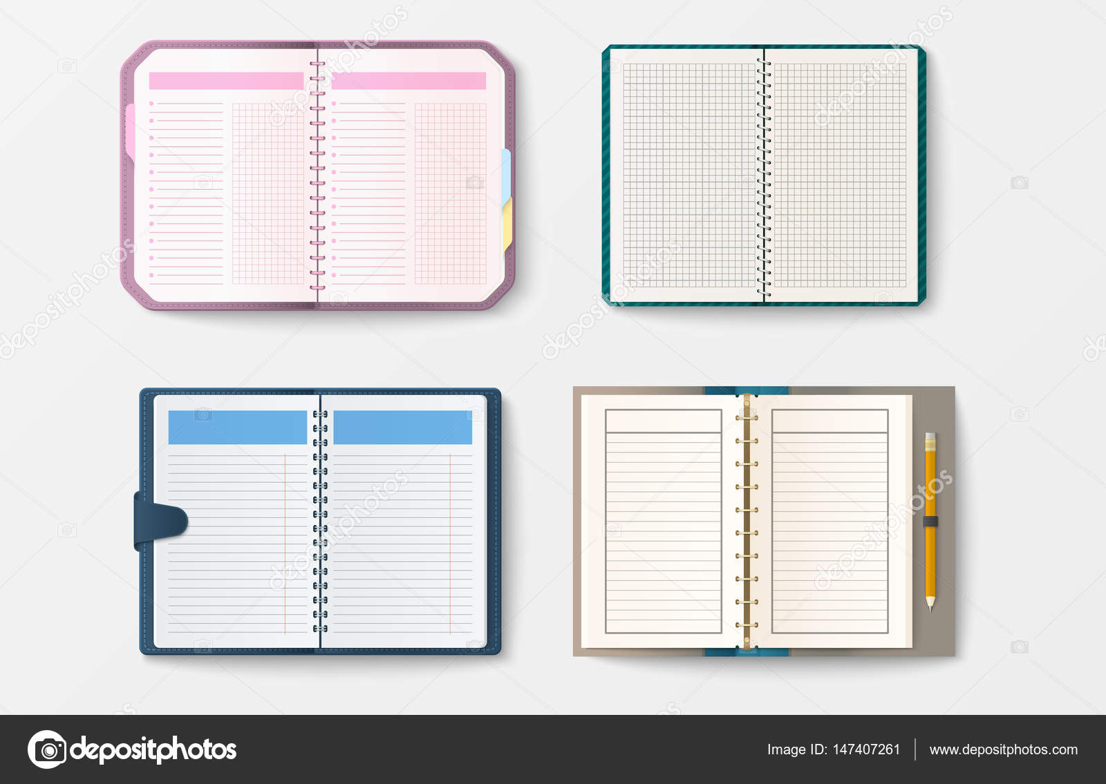 set of open realistic notebooks with pages diary office sheet