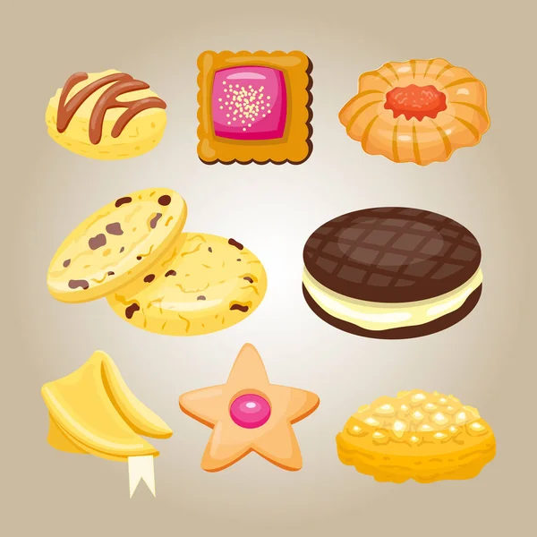 Různé cookie domácí snídaně Pečeme dorty izolované a chutné občerstvení pekárna lahodný sladký dezert sušenka pečivo jíst vektorové ilustrace. — Stockový vektor