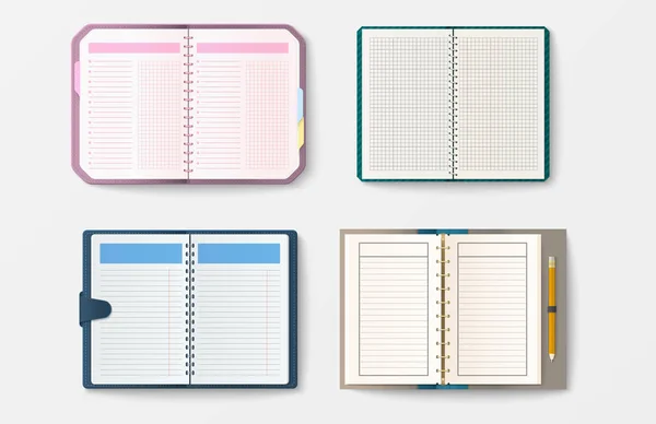 Conjunto de cuadernos realistas abiertos con páginas diario hoja de oficina plantilla folleto y papel en blanco educación copybook organizador vector ilustración . — Vector de stock