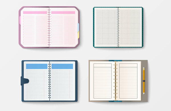 Set of open realistic notebooks with pages diary office sheet template booklet and blank paper education copybook organizer vector illustration.