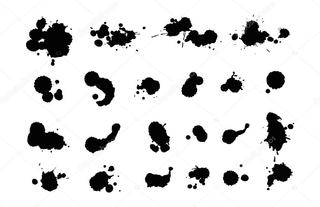 Vector set of ink splashes blots splatter collection grunge design element and art messy backdrop color dirty liquid shape spatter black white silhouette illustration