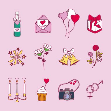 Tasarım düğün çift ilişki evlilik evlilik simgeler töreni kutlama ve holliday halk simgeler güzellik elle çizilmiş aile pembe vektör çizim.