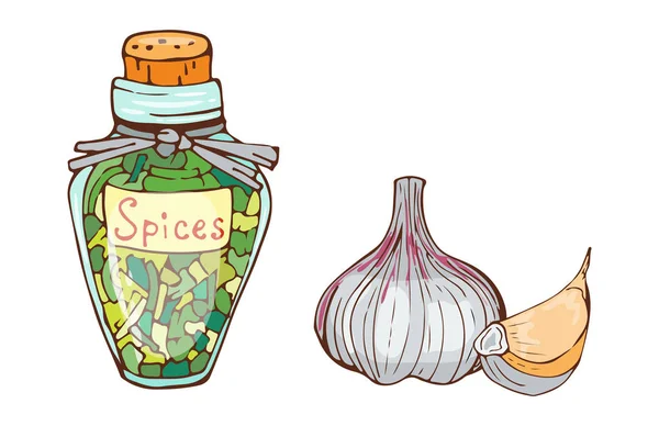 Jar-és alapanyagok főzéshez, bors, fokhagyma, paprika curry fűszerkeverék kézzel rajzolt stílusban növényi összetevő vektoros illusztráció. — Stock Vector