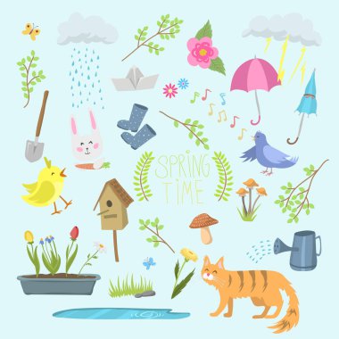 Doğal çiçek simgeleri ile elle çizilmiş öğeleri illüstrasyon vektör Çiçek Bahçe araçları güzellik tasarım ve doğa çim sezon şube bahar bahar.