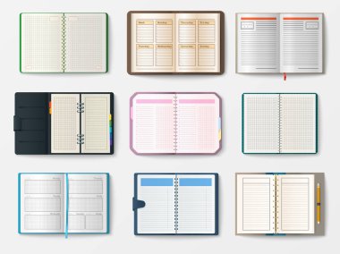 Açık gerçekçi defter sayfaları günlüğü office sayfa şablonu kitapçık ve boş kağıt eğitim boşaltmak Organizatör vektör çizim ile kümesi.