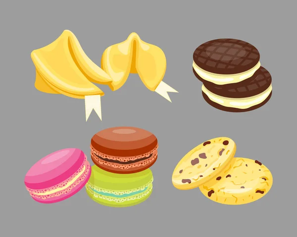 Diferentes galletas caseras desayuno hornear pasteles aislados y sabrosos bocadillo bizcocho pastelería delicioso postre dulce panadería comer vector ilustración . — Vector de stock