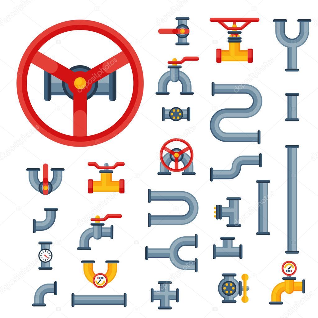 Details pipes different types collection of water tube industry gas valve construction and oil industrial pressure technology plumbing vector illustration.