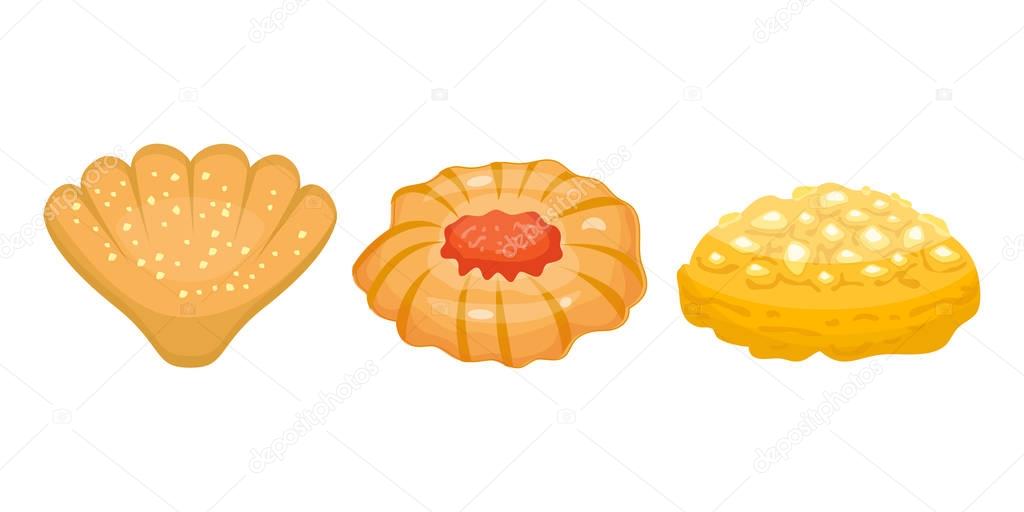 Different cookie homemade breakfast bake cakes isolated and tasty snack biscuit pastry delicious sweet dessert bakery eating vector illustration.