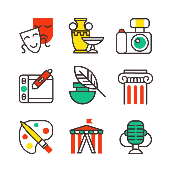 Conjunto de iconos de arte en el diseño plano de la cámara de imagen pincel paleta símbolos de entretenimiento y artista tinta gráfico color creatividad película colección vector ilustración . — Vector de stock