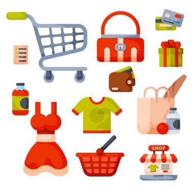 Müşteriler arabaları sepetleri gıda ve ticaret ürün yalıtılmış vektör çizim ile süpermarket bakkal alışveriş retro karikatür Icons set.