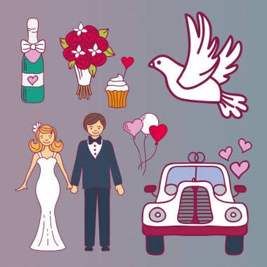 Gelin ve Damat Düğün çift evlilik evlilik kutsal kişilerin resmi tören kutlama ve holliday insanlar halk simgeler güzellik portre aile vektör çizim tasarım.