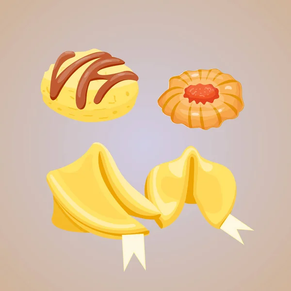 Diferentes galletas caseras desayuno hornear pasteles aislados y sabrosos bocadillo bizcocho pastelería delicioso postre dulce panadería comer vector ilustración . — Vector de stock