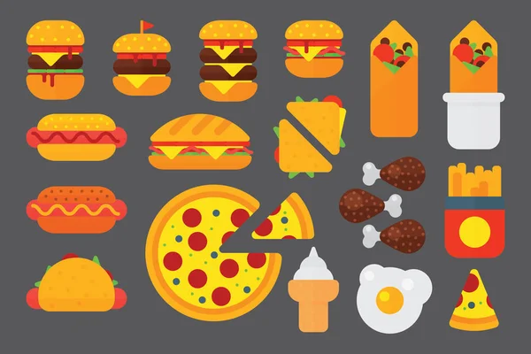 Conjunto de ícones coloridos de fast food de desenhos animados restaurante isolado saborosa carne americana de cheeseburger e ilustração vetor de refeição de hambúrguer não saudável . — Vetor de Stock