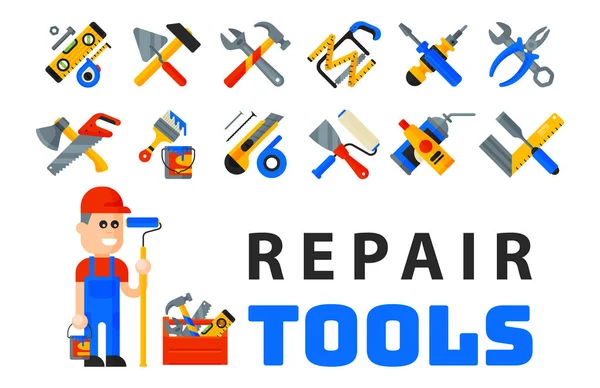 Home repair tools icons working construction equipment set and service worker macter man character flat style isolated on white background vector illustration. — Stock Vector