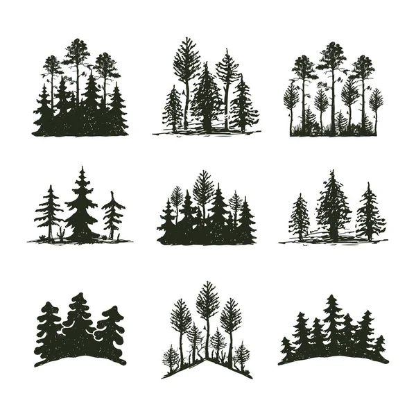 Tree outdoor travel black silhouette coniferous natural badge, tops pine spruce branch cedar and plant leaf abstract stem drawing vector illustration. — Stock Vector