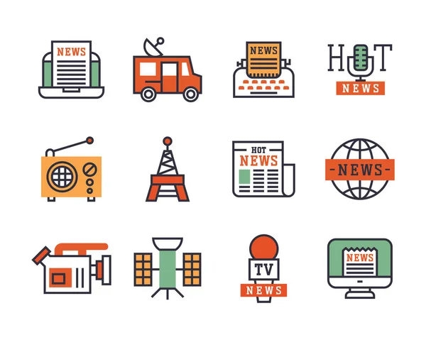 Iconos de noticias calientes estilo plano colorido conjunto de sitios web móviles y medios impresos periódico comunicación concepto internet información vector ilustración . — Vector de stock