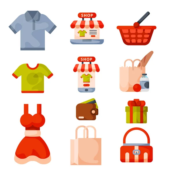 Супермаркет продуктових магазинів ретро мультфільмів іконки, встановлені з клієнтами кошики кошики їжі та комерційних продуктів ізольовані Векторні ілюстрації . — стоковий вектор