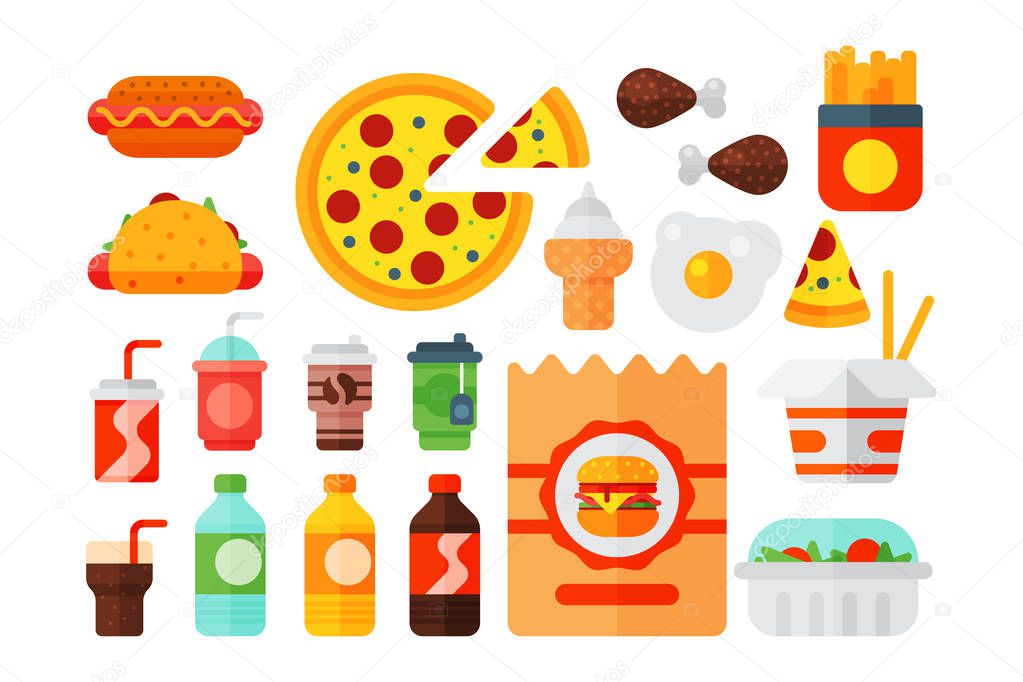 Set of colorful cartoon fast food icons isolated restaurant tasty american cheeseburger meat and unhealthy burger meal vector illustration.