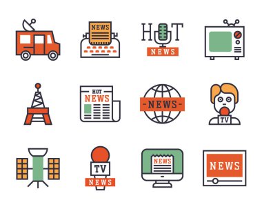 Sıcak haber simgeleri düz stil renkli set web siteleri mobil ve basılı medya gazetesi iletişim kavramı Internet bilgi vektör çizim.