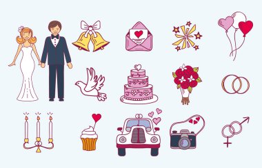 Gelin ve Damat Düğün çift evlilik evlilik kutsal kişilerin resmi tören kutlama ve holliday insanlar halk simgeler güzellik portre aile vektör çizim tasarım.