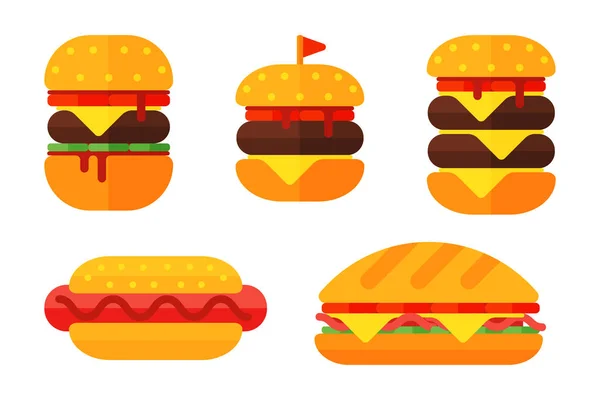 Desenhos animados coloridos de sanduíche ícones de fast food restaurante isolado saborosa carne americana de cheeseburger e ilustração vetor de refeição de hambúrguer não saudável . — Vetor de Stock