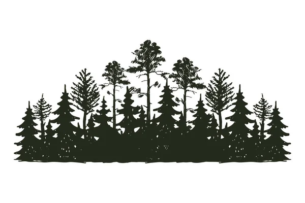 Tree outdoor travel black silhouette coniferous natural badge, tops pine spruce branch cedar and plant leaf abstract stem drawing vector illustration. — Stock Vector