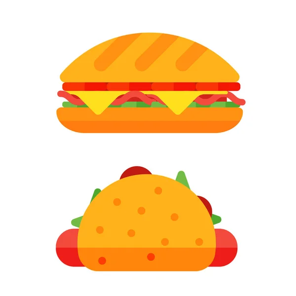 Desenhos animados coloridos de sanduíche ícones de fast food restaurante isolado saborosa carne americana de cheeseburger e ilustração vetor de refeição de hambúrguer não saudável . — Vetor de Stock