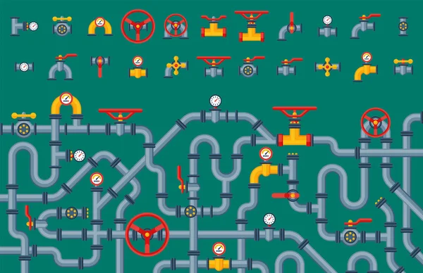 Detalhes tubos diferentes tipos de coleta de tubos de água indústria de construção de válvulas de gás e óleo industrial tecnologia de pressão encanamento vetor ilustração . — Vetor de Stock