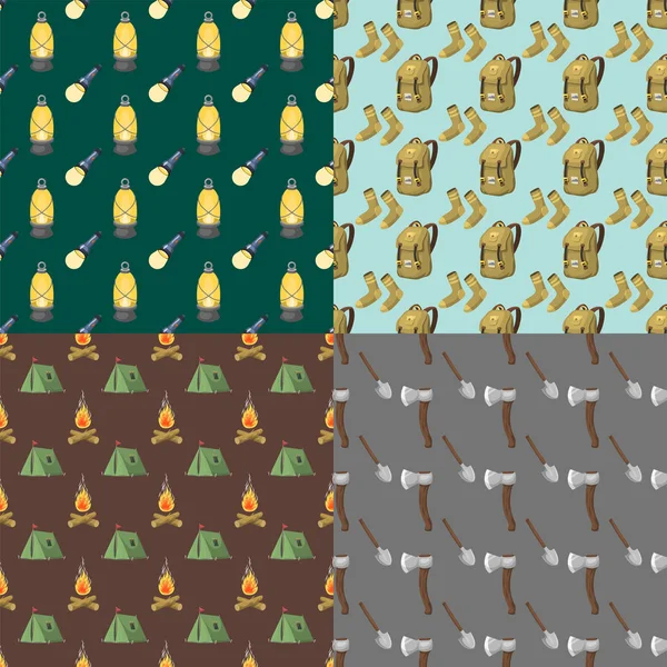 Hiking seamless pattern camping gear hike outdoor elements cartoon travel set vector illustration.