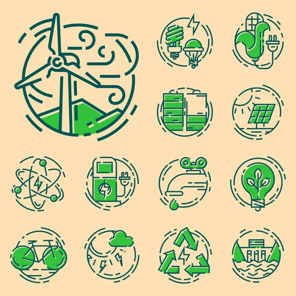 Ecologie verte icônes de conservation d'énergie et illustration vectorielle de puissance mondiale écologique de style . — Image vectorielle