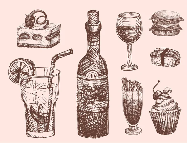Sketsa makanan gambar tangan untuk produk restoran menu dan ilustrasi vektor makanan corat-coret . - Stok Vektor