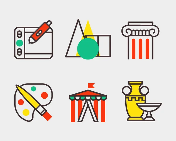 Set di icone d'arte in design piatto fotocamera immagine pennello tavolozza simboli di intrattenimento e inchiostro artista grafica colore creatività collezione di film vettoriale illustrazione . — Vettoriale Stock