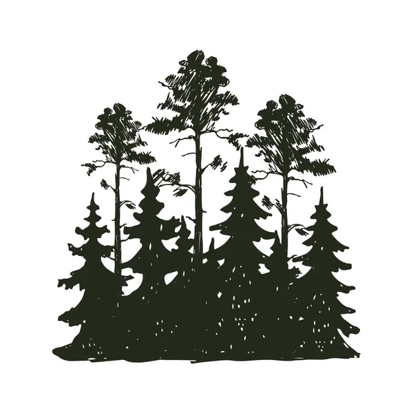 Tree outdoor travel black silhouette coniferous natural badge, tops pine spruce branch cedar and plant leaf abstract stem drawing vector illustration. — Stock Vector