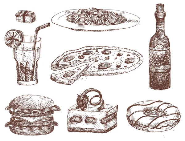 Hand getekende voedsel schets voor menu restaurant product en doodle maaltijd keuken vectorillustratie. — Stockvector