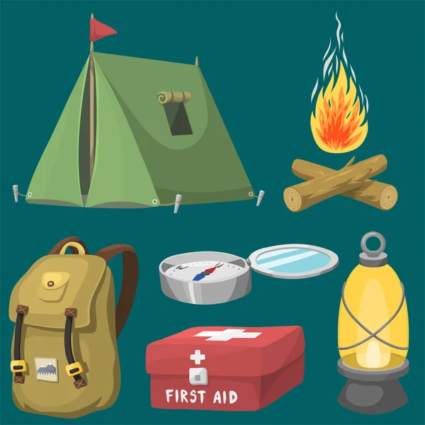 Hiking camping equipment base camp gear and accessories outdoor cartoon travel vector illustration.