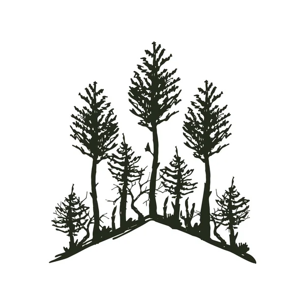 Tree outdoor travel black silhouette coniferous natural badge, tops pine spruce branch cedar and plant leaf abstract stem drawing vector illustration. — Stock Vector