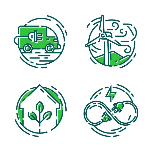 Ecologia verde icone di risparmio energetico e lo stile di contorno ecologico mondo potenza vettoriale illustrazione . — Vettoriale Stock