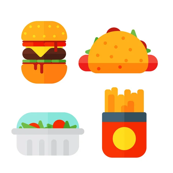 Conjunto de ícones coloridos de fast food de desenhos animados restaurante isolado saborosa carne americana de cheeseburger e ilustração vetor de refeição de hambúrguer não saudável . — Vetor de Stock