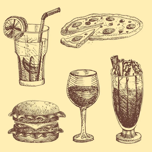 Ręcznie rysowane żywności szkic dla menu restauracji produktu i doodle posiłku kuchni wektor ilustracja. — Wektor stockowy